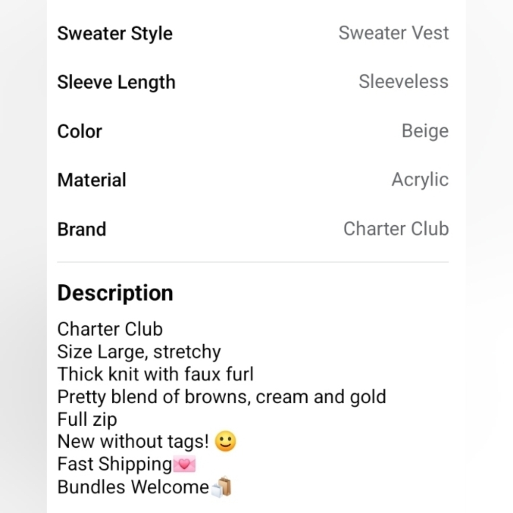 New Large Charter Club Sweater Zip Vest Faux Fur - Picture 8 of 8